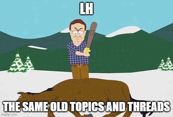 Beating a dead horse | LH; THE SAME OLD TOPICS AND THREADS | image tagged in beating a dead horse | made w/ Imgflip meme maker