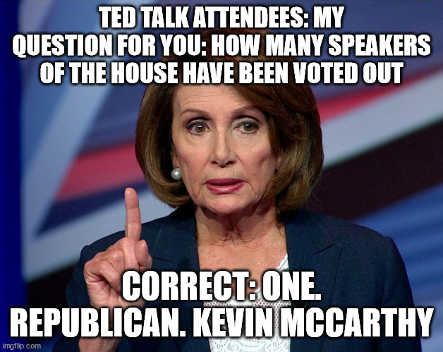 Bye Bye Bye | TED TALK ATTENDEES: MY QUESTION FOR YOU: HOW MANY SPEAKERS OF THE HOUSE HAVE BEEN VOTED OUT; CORRECT: ONE. REPUBLICAN. KEVIN MCCARTHY | image tagged in nanci pelosi finger | made w/ Imgflip meme maker
