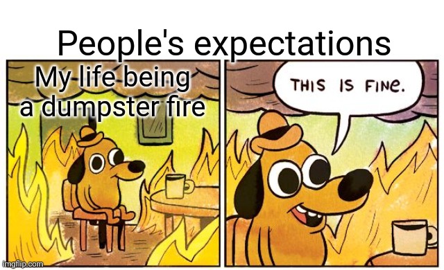 I hate everything, This is too much for me. | People's expectations; My life being a dumpster fire | image tagged in memes,this is fine | made w/ Imgflip meme maker