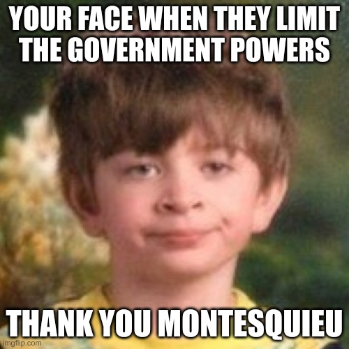 7k | YOUR FACE WHEN THEY LIMIT
THE GOVERNMENT POWERS; THANK YOU MONTESQUIEU | image tagged in annoyed face | made w/ Imgflip meme maker