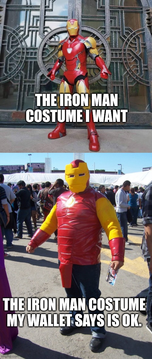 Wish Verses Wallet... who wins (hint it's always wallet) | THE IRON MAN COSTUME I WANT; THE IRON MAN COSTUME MY WALLET SAYS IS OK. | image tagged in i am iron man,halloween costume,who wants change | made w/ Imgflip meme maker
