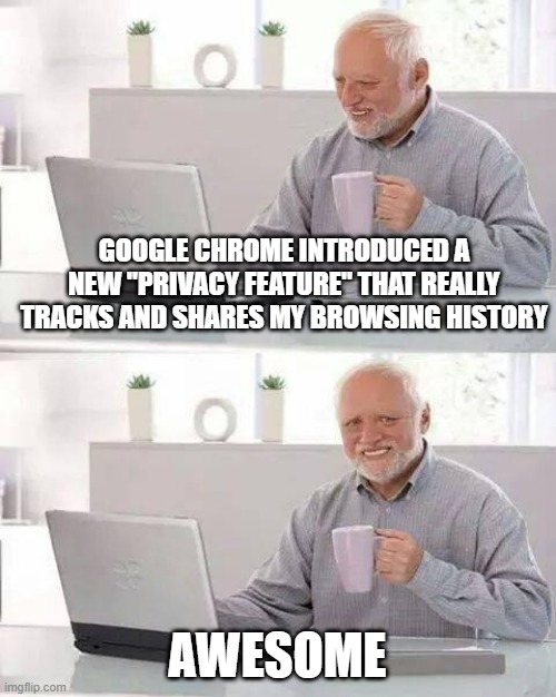 Google Chrome Privacy Update | GOOGLE CHROME INTRODUCED A NEW "PRIVACY FEATURE" THAT REALLY TRACKS AND SHARES MY BROWSING HISTORY; AWESOME | image tagged in memes,hide the pain harold,privacy,google,funny,internet | made w/ Imgflip meme maker