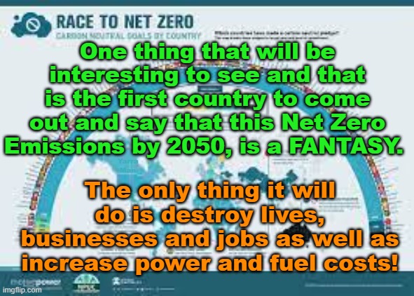 Net Zero Emissions Fantasy | One thing that will be interesting to see and that is the first country to come out and say that this Net Zero Emissions by 2050, is a FANTASY. The only thing it will do is destroy lives, businesses and jobs as well as increase power and fuel costs! Yarra Man | image tagged in un,global warming,climate | made w/ Imgflip meme maker