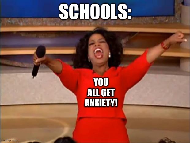 schools | SCHOOLS:; YOU ALL GET ANXIETY! | image tagged in memes,oprah you get a | made w/ Imgflip meme maker