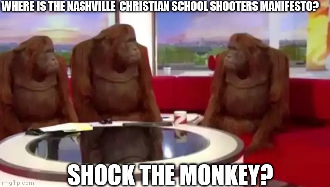 Where Banana (blank) | WHERE IS THE NASHVILLE  CHRISTIAN SCHOOL SHOOTERS MANIFESTO? SHOCK THE MONKEY? | image tagged in where banana blank | made w/ Imgflip meme maker