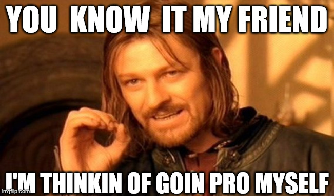 One Does Not Simply Meme | YOU  KNOW  IT MY FRIEND I'M THINKIN OF GOIN PRO MYSELF | image tagged in memes,one does not simply | made w/ Imgflip meme maker