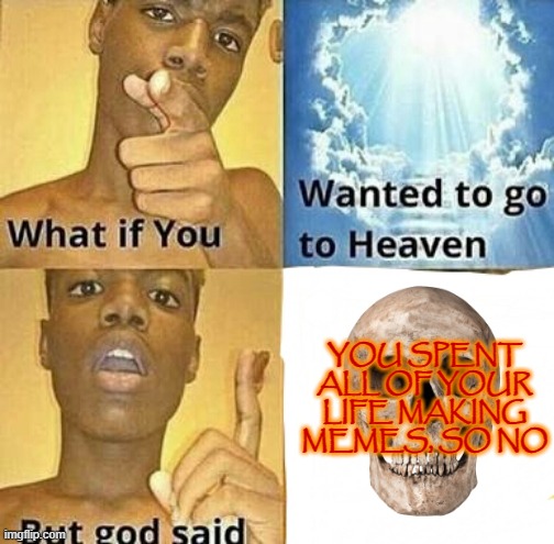 What if you wanted to go to Heaven | YOU SPENT ALL OF YOUR LIFE MAKING MEMES, SO NO | image tagged in what if you wanted to go to heaven | made w/ Imgflip meme maker