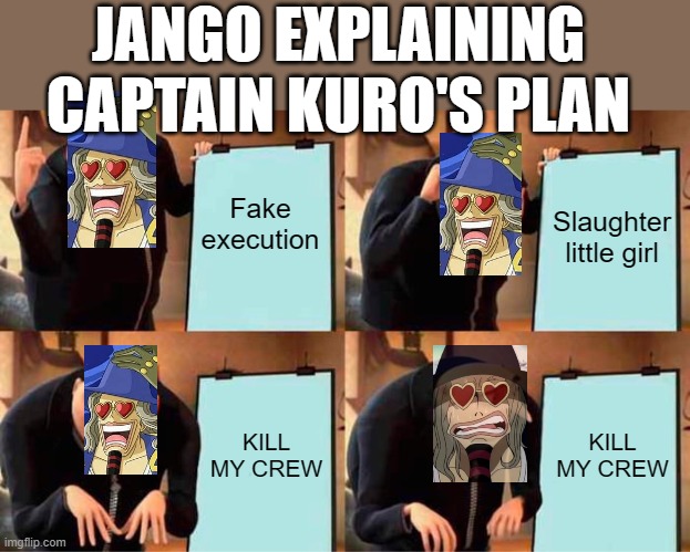 Jango explaining captain Kuro's plan | JANGO EXPLAINING CAPTAIN KURO'S PLAN; Fake execution; Slaughter little girl; KILL MY CREW; KILL MY CREW | image tagged in memes,gru's plan | made w/ Imgflip meme maker