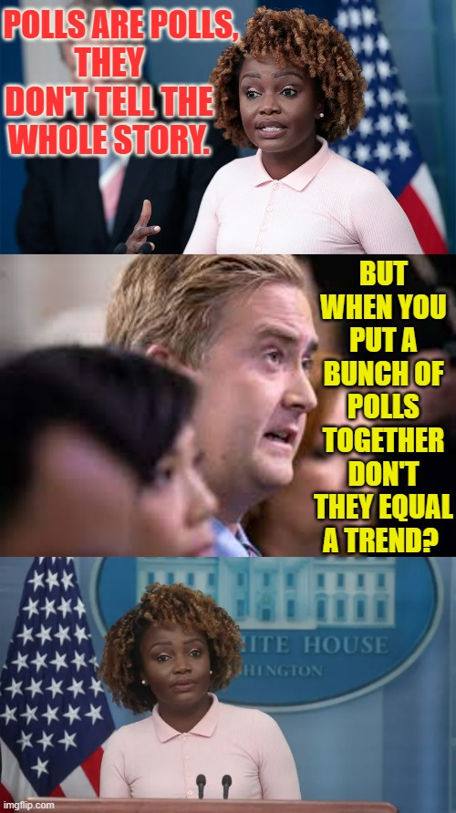 Come On...We All Know You Can Acknowledge It | POLLS ARE POLLS, THEY DON'T TELL THE WHOLE STORY. BUT WHEN YOU PUT A BUNCH OF POLLS TOGETHER DON'T THEY EQUAL A TREND? | image tagged in memes,politics,press secretary,denial,polls,trend | made w/ Imgflip meme maker