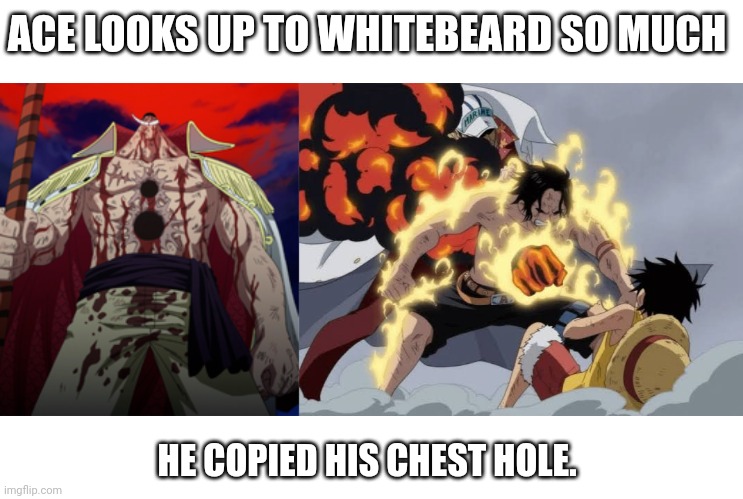 ACE LOOKS UP TO WHITEBEARD SO MUCH; HE COPIED HIS CHEST HOLE. | made w/ Imgflip meme maker
