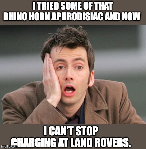 Rhino | I TRIED SOME OF THAT RHINO HORN APHRODISIAC AND NOW; I CAN’T STOP CHARGING AT LAND ROVERS. | image tagged in face palm,dad joke | made w/ Imgflip meme maker