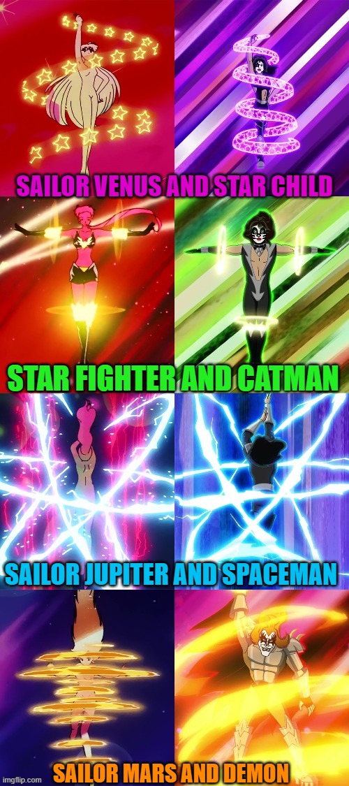 Sailormoon: Love Gun | SAILOR VENUS AND STAR CHILD; STAR FIGHTER AND CATMAN; SAILOR JUPITER AND SPACEMAN; SAILOR MARS AND DEMON | image tagged in kiss,sailor moon | made w/ Imgflip meme maker