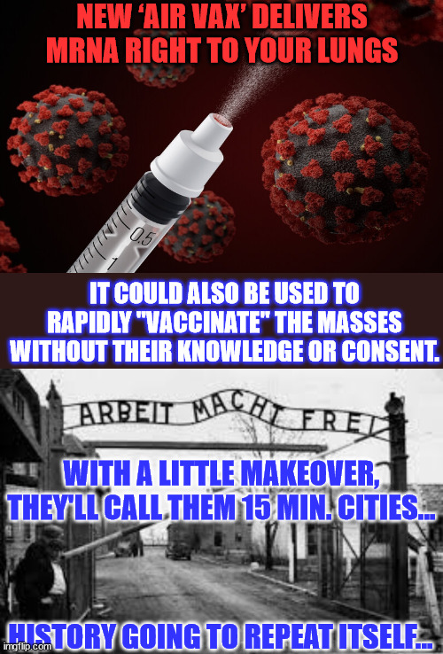 They just need to get the masses concentrated into controlled population centers... | NEW ‘AIR VAX’ DELIVERS MRNA RIGHT TO YOUR LUNGS; IT COULD ALSO BE USED TO RAPIDLY "VACCINATE" THE MASSES WITHOUT THEIR KNOWLEDGE OR CONSENT. WITH A LITTLE MAKEOVER, THEY'LL CALL THEM 15 MIN. CITIES... HISTORY GOING TO REPEAT ITSELF... | image tagged in auschwitz,nwo police state,covid vaccine,truth | made w/ Imgflip meme maker