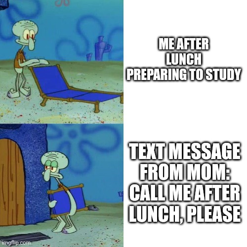 Can't you just let me study, mom? | ME AFTER LUNCH PREPARING TO STUDY; TEXT MESSAGE FROM MOM: CALL ME AFTER LUNCH, PLEASE | image tagged in squidward chair | made w/ Imgflip meme maker