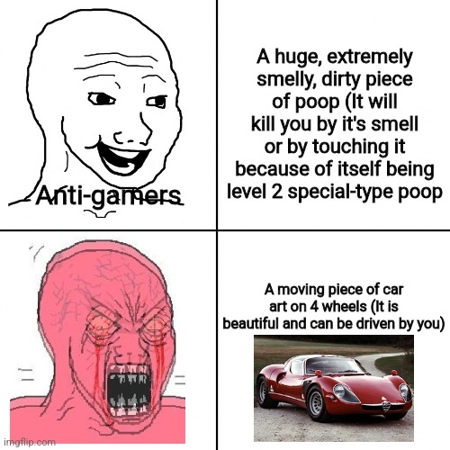 Anti-gamers might want to do dumb things, while an Alfa is like a normal car that can be driven | A huge, extremely smelly, dirty piece of poop (It will kill you by it's smell or by touching it because of itself being level 2 special-type poop; Anti-gamers; A moving piece of car art on 4 wheels (It is beautiful and can be driven by you) | image tagged in happy vs angry wojak,gaming,memes | made w/ Imgflip meme maker