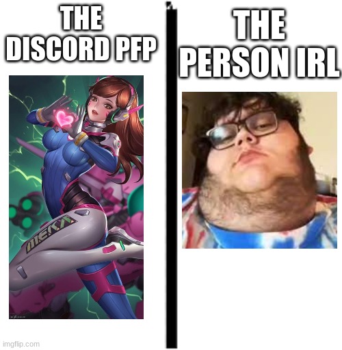 bro's neck must feel like velcro☠ | THE PERSON IRL; THE DISCORD PFP | image tagged in vertical line | made w/ Imgflip meme maker