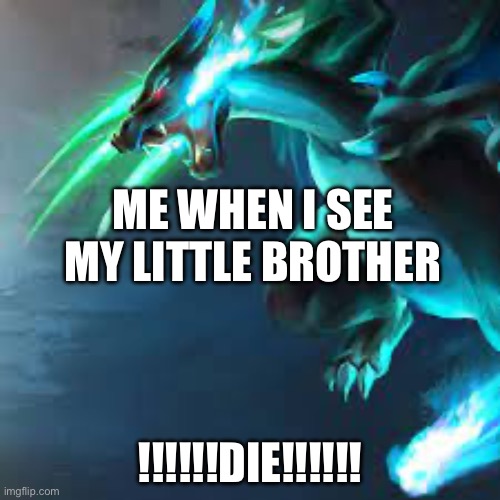 Funny | ME WHEN I SEE MY LITTLE BROTHER; !!!!!!DIE!!!!!! | image tagged in funny memes,another random tag i decided to put,charizard | made w/ Imgflip meme maker