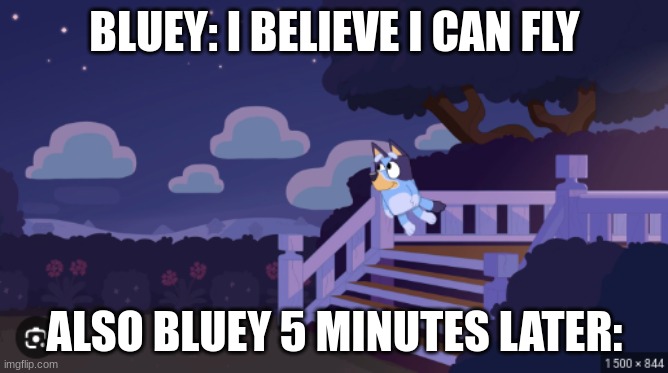 She's Flying | BLUEY: I BELIEVE I CAN FLY; ALSO BLUEY 5 MINUTES LATER: | image tagged in bluey flying for no reason | made w/ Imgflip meme maker