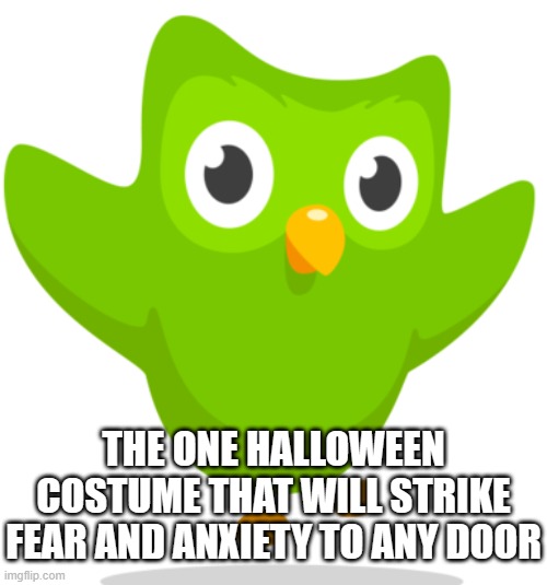 Duolingo Owl | THE ONE HALLOWEEN COSTUME THAT WILL STRIKE FEAR AND ANXIETY TO ANY DOOR | image tagged in duolingo owl | made w/ Imgflip meme maker