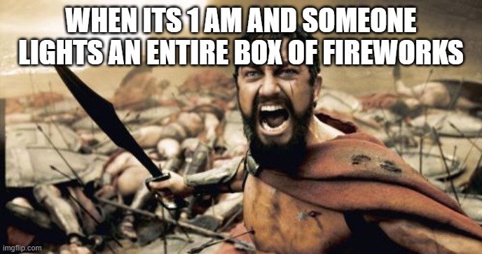 Sparta Leonidas | WHEN ITS 1 AM AND SOMEONE LIGHTS AN ENTIRE BOX OF FIREWORKS | image tagged in memes,sparta leonidas | made w/ Imgflip meme maker