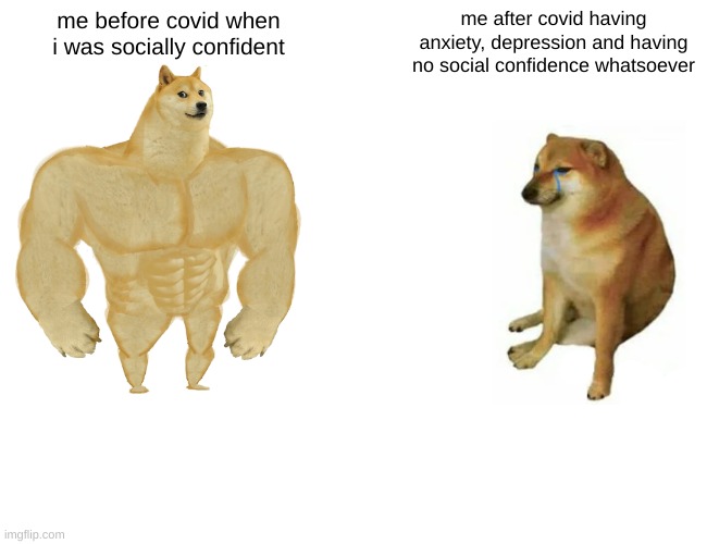 Buff Doge vs. Cheems | me before covid when i was socially confident; me after covid having anxiety, depression and having no social confidence whatsoever | image tagged in memes,buff doge vs cheems,covid-19,social distancing,funny memes,introvert | made w/ Imgflip meme maker