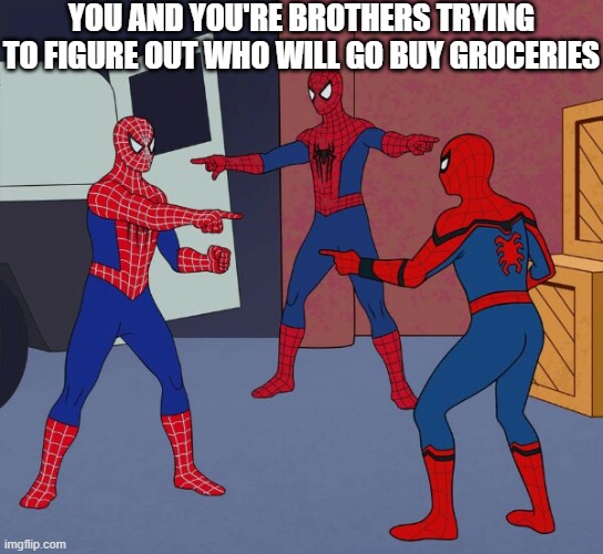 Spider Man Triple | YOU AND YOU'RE BROTHERS TRYING TO FIGURE OUT WHO WILL GO BUY GROCERIES | image tagged in spider man triple,memes,funny,funny memes | made w/ Imgflip meme maker