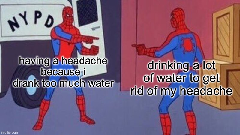 the vicious cycle of hydration | having a headache because i drank too much water; drinking a lot of water to get rid of my headache | image tagged in spiderman pointing at spiderman,drink,water,headache,bruh,vicious cycle | made w/ Imgflip meme maker