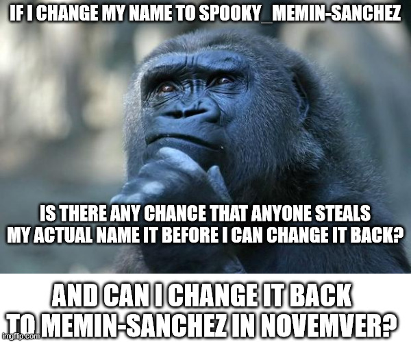 Deep Thoughts | IF I CHANGE MY NAME TO SPOOKY_MEMIN-SANCHEZ; IS THERE ANY CHANCE THAT ANYONE STEALS MY ACTUAL NAME IT BEFORE I CAN CHANGE IT BACK? AND CAN I CHANGE IT BACK TO MEMIN-SANCHEZ IN NOVEMVER? | image tagged in deep thoughts | made w/ Imgflip meme maker