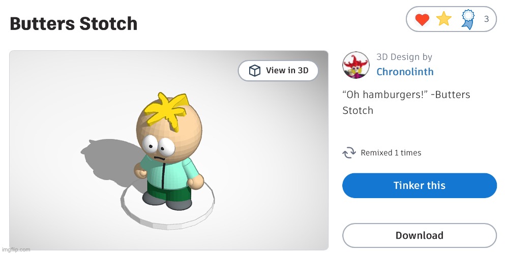 This looks like a good place to put my 3d models | image tagged in south park,butters,oh hamburgers | made w/ Imgflip meme maker