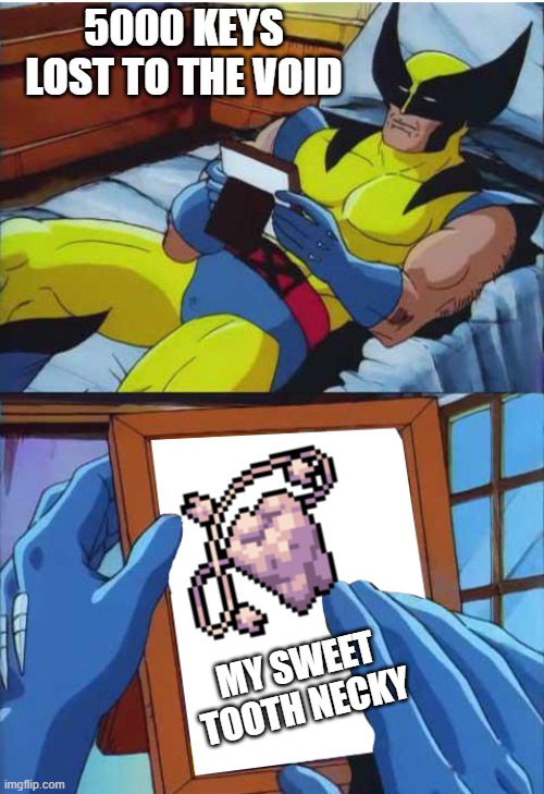 Wolverine Remember | 5000 KEYS LOST TO THE VOID; MY SWEET TOOTH NECKY | image tagged in wolverine remember | made w/ Imgflip meme maker