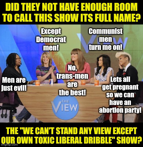Liberals babbling to the choir, in a hermetically sealed echo chamber. That is my description of The View | DID THEY NOT HAVE ENOUGH ROOM TO CALL THIS SHOW ITS FULL NAME? Except Democrat men! Communist men turn me on! No, trans-men are the best! Lets all get pregnant so we can have an abortion party! Men are just evil! THE "WE CAN'T STAND ANY VIEW EXCEPT OUR OWN TOXIC LIBERAL DRIBBLE" SHOW? | image tagged in the view,liberals,liberal hypocrisy,biased media,awful,waste of time | made w/ Imgflip meme maker