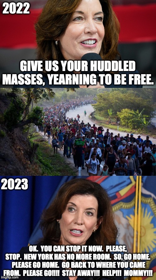 This is what happens when the Democrat fantasy world meets reality.  Does this make NY Gov. Kathy Hochul a xenophobe? | 2022; GIVE US YOUR HUDDLED MASSES, YEARNING TO BE FREE. 2023; OK.  YOU CAN STOP IT NOW.  PLEASE, STOP.  NEW YORK HAS NO MORE ROOM.  SO, GO HOME.  PLEASE GO HOME.  GO BACK TO WHERE YOU CAME FROM.  PLEASE GO!!!!  STAY AWAY!!!  HELP!!!  MOMMY!!! | image tagged in illegal immigration,not in my backyard,dems want texas to pay for illegals | made w/ Imgflip meme maker