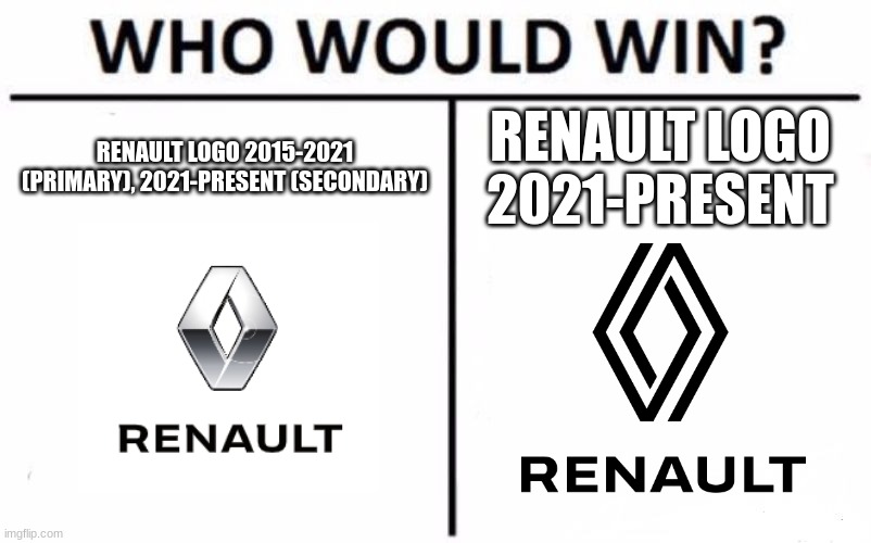 Who Would Win? | RENAULT LOGO 2015-2021 (PRIMARY), 2021-PRESENT (SECONDARY); RENAULT LOGO 2021-PRESENT | image tagged in memes,who would win,car,cars | made w/ Imgflip meme maker