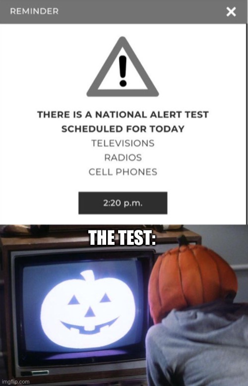 Hey kids! The big test at 2:20! | THE TEST: | image tagged in national alert test,halloween 3,funny memes | made w/ Imgflip meme maker