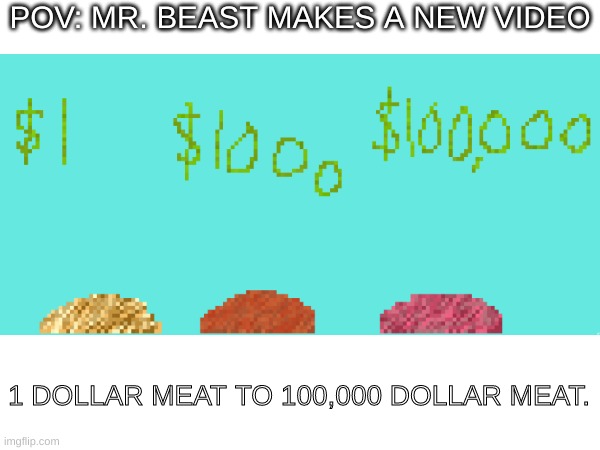 Mr. Beast lost his editors. He got a new one, but they specialized in pixel art, so this is what he has to live with now. | POV: MR. BEAST MAKES A NEW VIDEO; 1 DOLLAR MEAT TO 100,000 DOLLAR MEAT. | image tagged in mr beast,meat,money | made w/ Imgflip meme maker