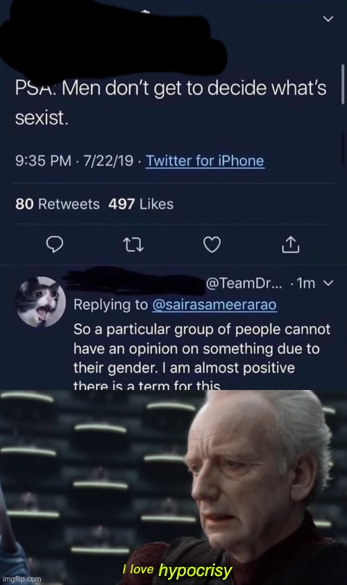 the original image came with bad cropping like this, sorry | hypocrisy | image tagged in i love democracy,idiots on twitter,sexism,hypocrisy | made w/ Imgflip meme maker