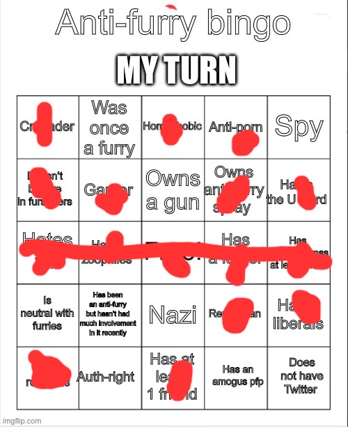 My turn | MY TURN | image tagged in anti-furry bingo | made w/ Imgflip meme maker