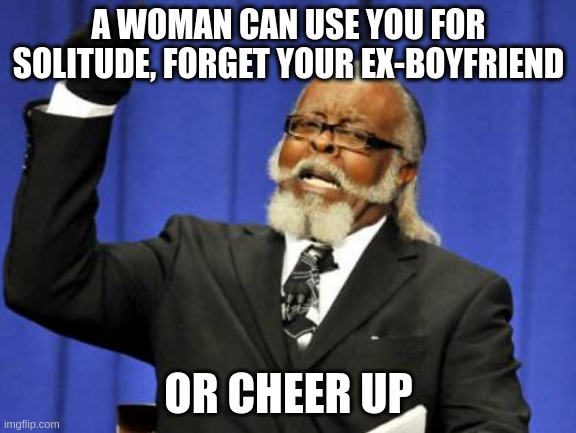 cheer up | A WOMAN CAN USE YOU FOR SOLITUDE, FORGET YOUR EX-BOYFRIEND; OR CHEER UP | image tagged in memes,too damn high | made w/ Imgflip meme maker