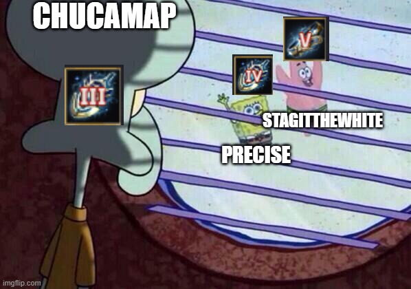 debo | CHUCAMAP; STAGITTHEWHITE; PRECISE | image tagged in squidward window | made w/ Imgflip meme maker
