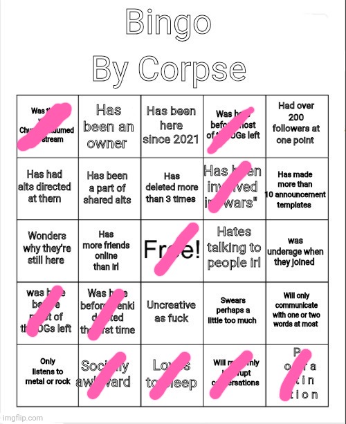 Bingo by Corpse | image tagged in bingo by corpse,bingo,msmg bingo,bingos,corpse,msmg | made w/ Imgflip meme maker