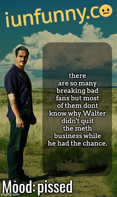 iUnFunny's Lalo Salamanca Template | there are so many breaking bad fans but most of them dont know why Walter didn't quit the meth business while he had the chance. pissed | image tagged in iunfunny's lalo salamanca template | made w/ Imgflip meme maker