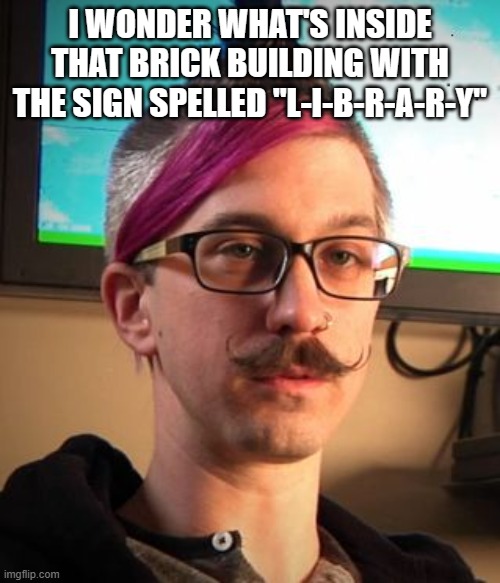 Male sjw | I WONDER WHAT'S INSIDE THAT BRICK BUILDING WITH THE SIGN SPELLED "L-I-B-R-A-R-Y" | image tagged in male sjw | made w/ Imgflip meme maker