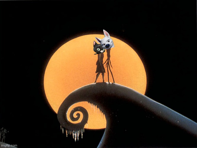 bolt and mittens as jack and sally | image tagged in jack and sally,disney,dogs,cats,romance | made w/ Imgflip meme maker