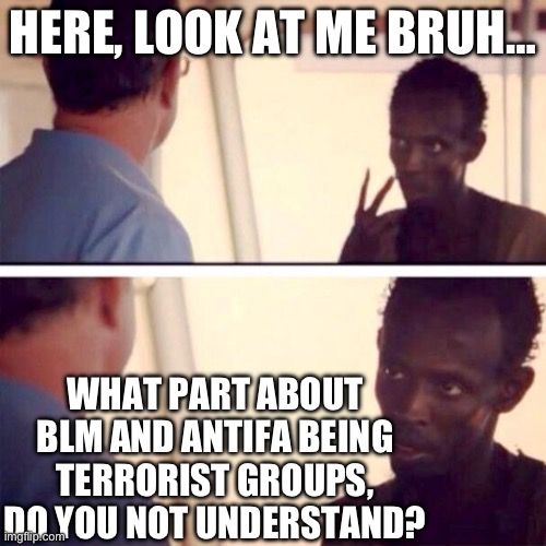 Captain Phillips - I'm The Captain Now Meme | HERE, LOOK AT ME BRUH…; WHAT PART ABOUT BLM AND ANTIFA BEING TERRORIST GROUPS, DO YOU NOT UNDERSTAND? | image tagged in captain phillips - i'm the captain now,blm,antifa,republicans,maga,donald trump | made w/ Imgflip meme maker