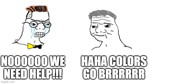 nooo haha go brrr | NOOOOOO WE NEED HELP!!! HAHA COLORS GO BRRRRRR | image tagged in nooo haha go brrr | made w/ Imgflip meme maker