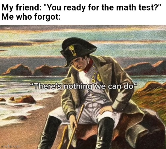 There's nothing we can do, there is nothing that we can do,Napo | My friend: "You ready for the math test?"
Me who forgot: | image tagged in there's nothing we can do there is nothing that we can do napo | made w/ Imgflip meme maker
