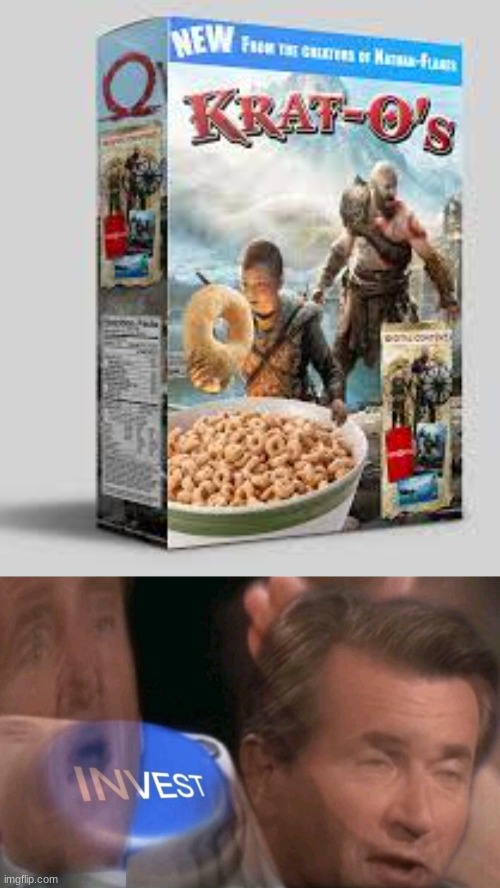 Krat-O's Cereal (real) (not clickbait) | image tagged in invest,memes,kratos,cereal | made w/ Imgflip meme maker