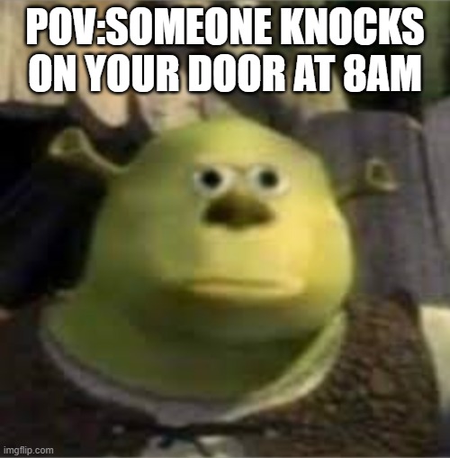 Pov: someone is at your door | POV:SOMEONE KNOCKS ON YOUR DOOR AT 8AM | image tagged in funny | made w/ Imgflip meme maker