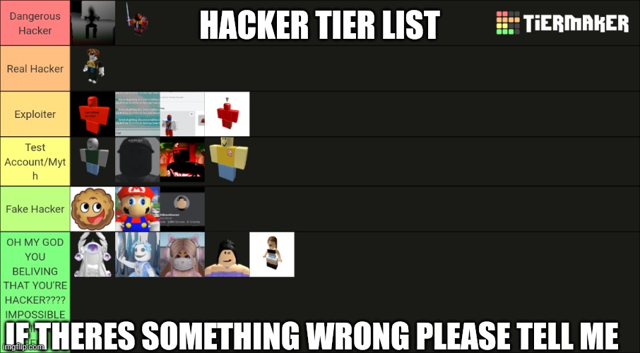 HACKER TIER LIST; IF THERES SOMETHING WRONG PLEASE TELL ME | image tagged in roblox,hackers,tier list | made w/ Imgflip meme maker