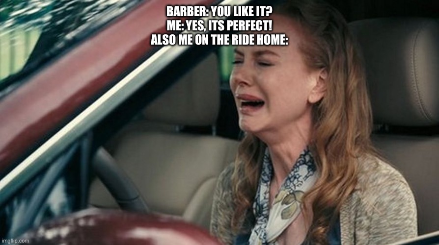 so true | BARBER: YOU LIKE IT?
ME: YES, ITS PERFECT!
ALSO ME ON THE RIDE HOME: | image tagged in crying in a car,memes,funny,relatable | made w/ Imgflip meme maker